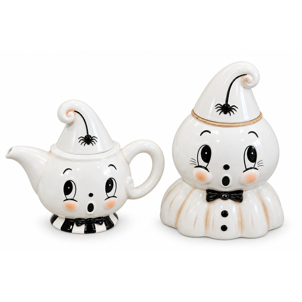 Johanna Parker Ghost Teapot Cookie Jar Set Ceramic White Halloween Collectible